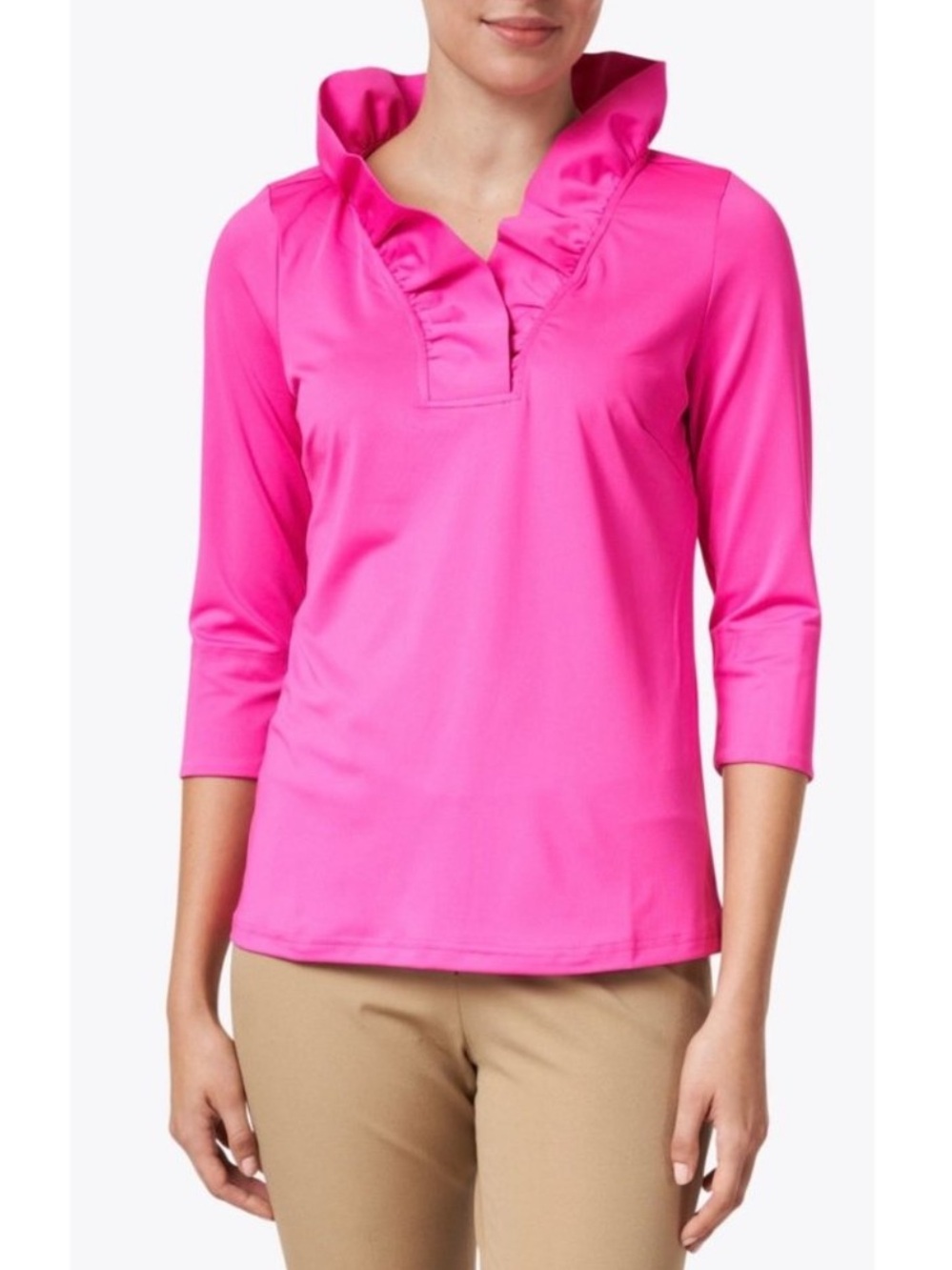 Gretchen Scott Pink Ruffle Neck Top Women’s Snall